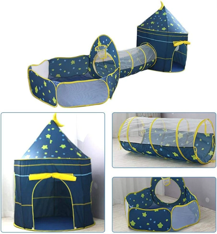 3 részes, összecsukható, vár alakú játszósátor szett csillag mintás anyagból - 178 x 152 x 203 cm, kék
