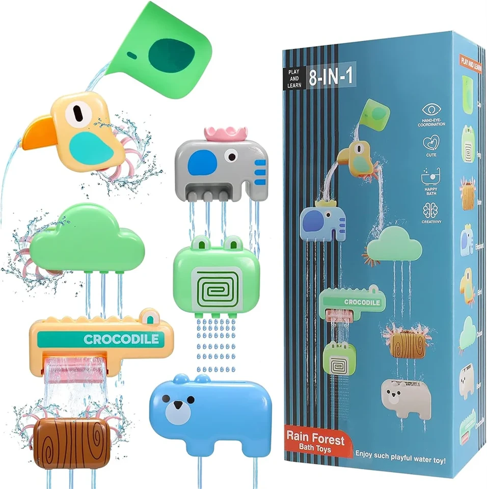 8 részes, vízesést imitáló fürdőjáték vidám állatfigurákkal - elem nélkül működő készségfejlesztő kádjáték forgó kerekekkel élénk színekben
