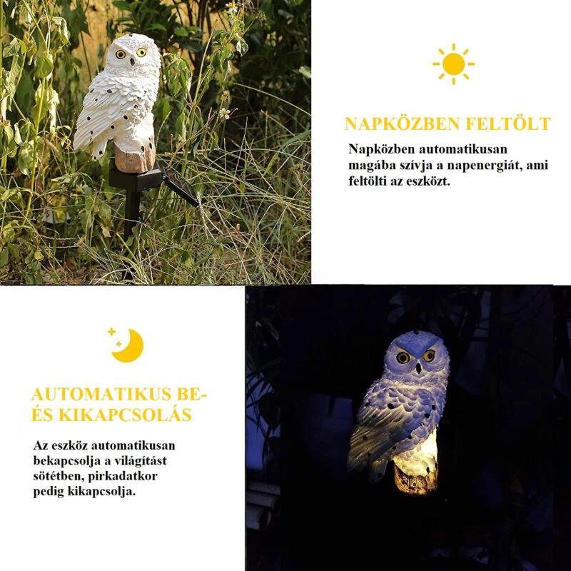 Bagoly alakú LED-es, napelemes kültéri dekor lámpa leszúrótüskével