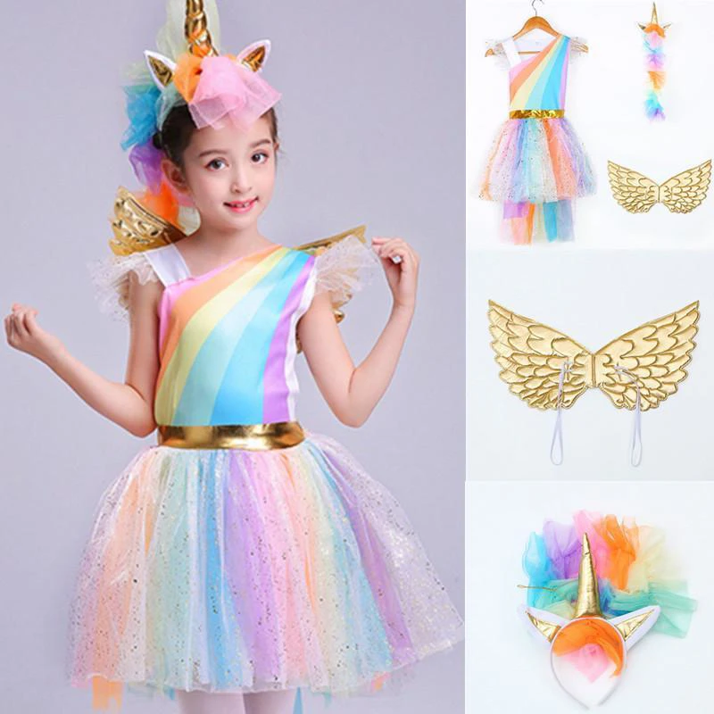 Farsangi unikornis jelmez kislányoknak szivárványszínű ruhával, fejdísszel és szárnyakkal - M méret - 120 cm magasságra