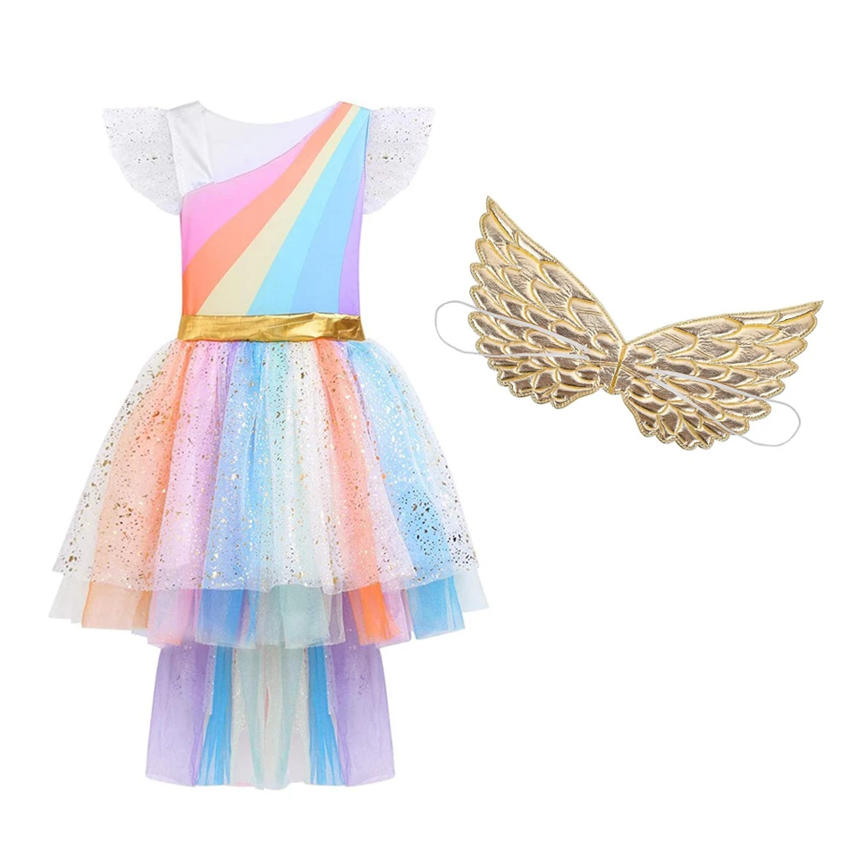 Farsangi unikornis jelmez kislányoknak szivárványszínű ruhával, fejdísszel és szárnyakkal - M méret - 120 cm magasságra