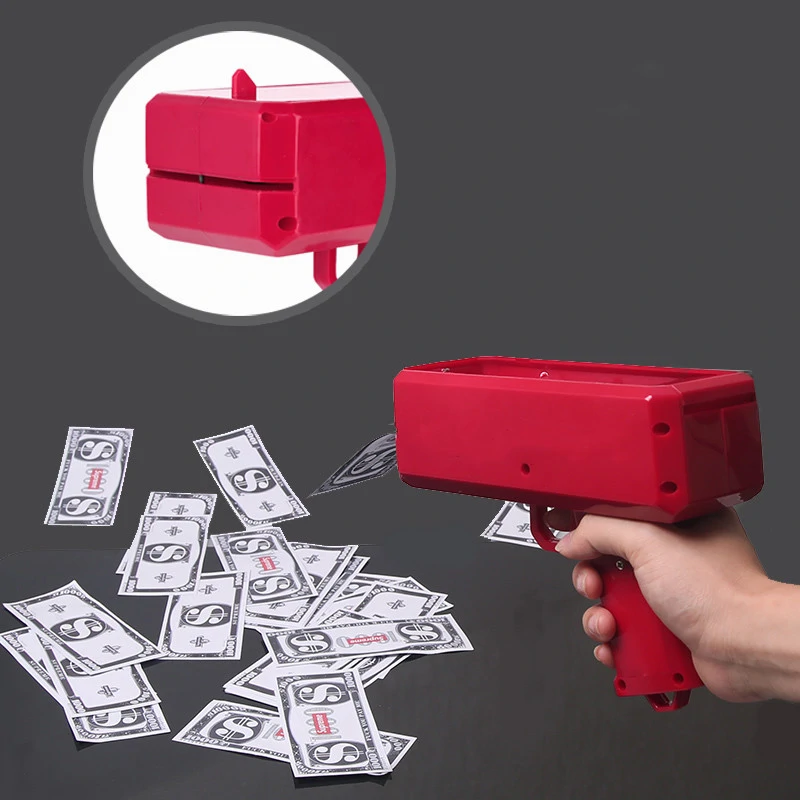 Money gun - piros színű elektromos pénzkilövő pisztoly 100 db játék bankjeggyel - esküvőre, bulira, fotózáshoz