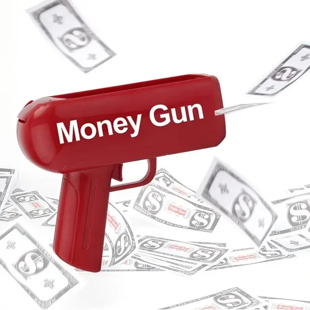 Money gun - piros színű elektromos pénzkilövő pisztoly 100 db játék bankjeggyel - esküvőre, bulira, fotózáshoz