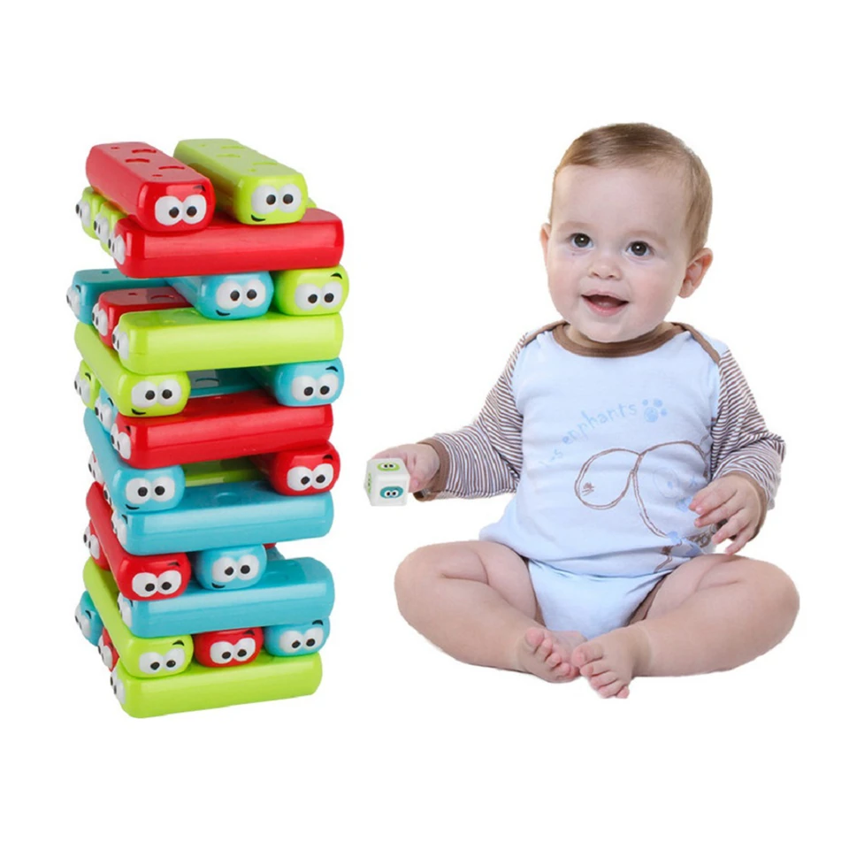 Emoji Jenga torony - színes, készségfejlesztő, ügyességi társasjáték - dobókockával, arckifejezés matricákkkal és 30 db műanyag építőelemmel