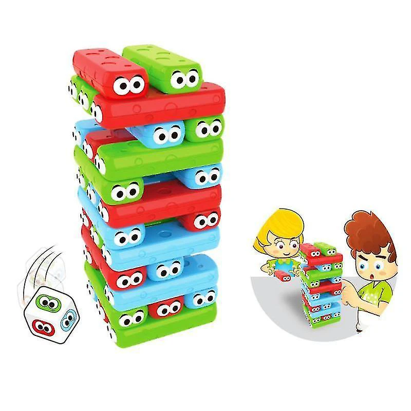 Emoji Jenga torony - színes, készségfejlesztő, ügyességi társasjáték - dobókockával, arckifejezés matricákkkal és 30 db műanyag építőelemmel