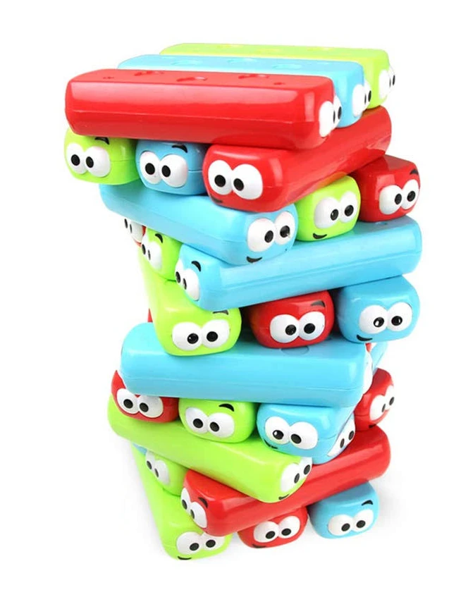 Emoji Jenga torony - színes, készségfejlesztő, ügyességi társasjáték - dobókockával, arckifejezés matricákkkal és 30 db műanyag építőelemmel