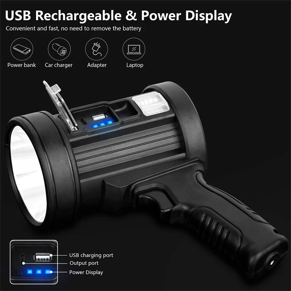 W5112 Nagy hatótávolságú, brutál erős fényű, vízálló kézi keresőlámpa színes kiegészítő fényforrásokkal - napelemmel és USB töltéssel is működik - 800 lumen