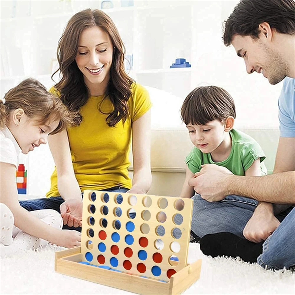 Fából készült táblás ötödölő társasjáték 42 koronggal - készségfejlesztő, logikai társasjáték