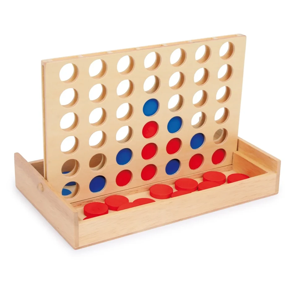 Fából készült táblás ötödölő társasjáték 42 koronggal - készségfejlesztő, logikai társasjáték