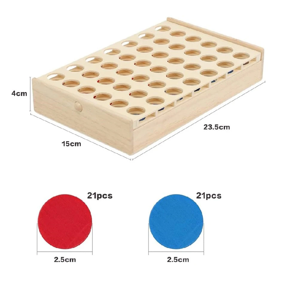 Fából készült táblás ötödölő társasjáték 42 koronggal - készségfejlesztő, logikai társasjáték