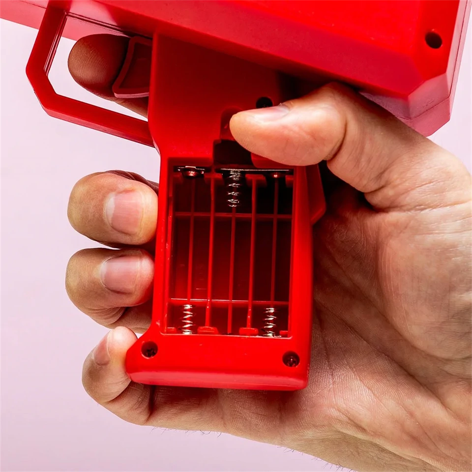 Money gun - piros színű elektromos pénzkilövő pisztoly 100 db játék bankjeggyel - esküvőre, bulira, fotózáshoz
