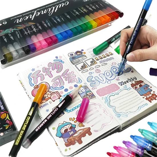 24 db-os metál kontúr filctoll készlet - ezüst színű vonalak színes kontúrral - íráshoz, rajzoláshoz, kiemeléshez