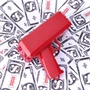 Money gun - piros színű elektromos pénzkilövő pisztoly 100 db játék bankjeggyel - esküvőre, bulira, fotózáshoz